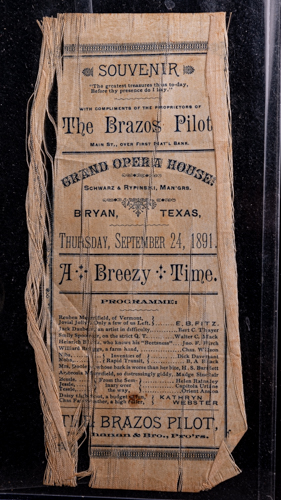 1891 Souvenir Program/Bookmark from the Grand Opera House in Bryan, Texas