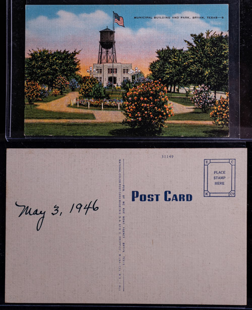 Front and back of Postcard showing the Bryan Municipal Building and Park - Dated May 3, 1946