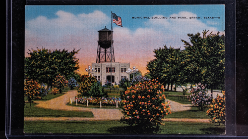 Postcard showing the Bryan Municipal Building and Park - Dated May 3, 1946