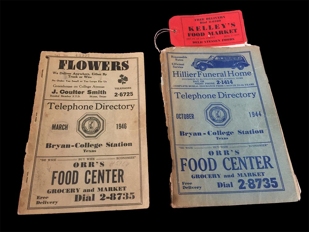 Bryan and College Station phonebooks from 1944 and 1946. Courtesy of Marcia Wenck.