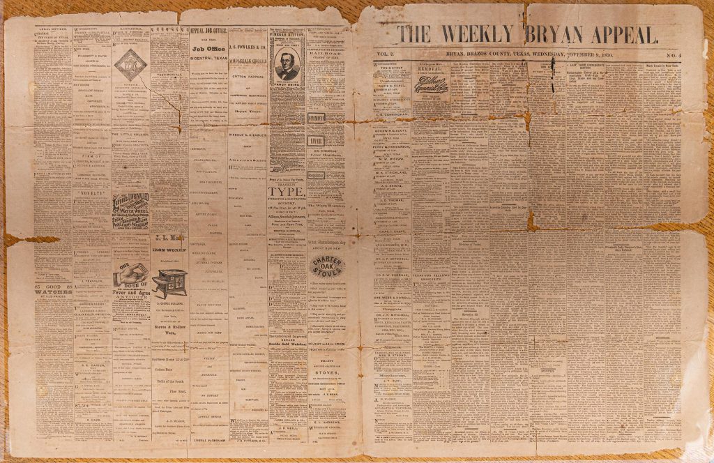 The Weekly Bryan Appeal newspaper - Nov. 9, 1870.