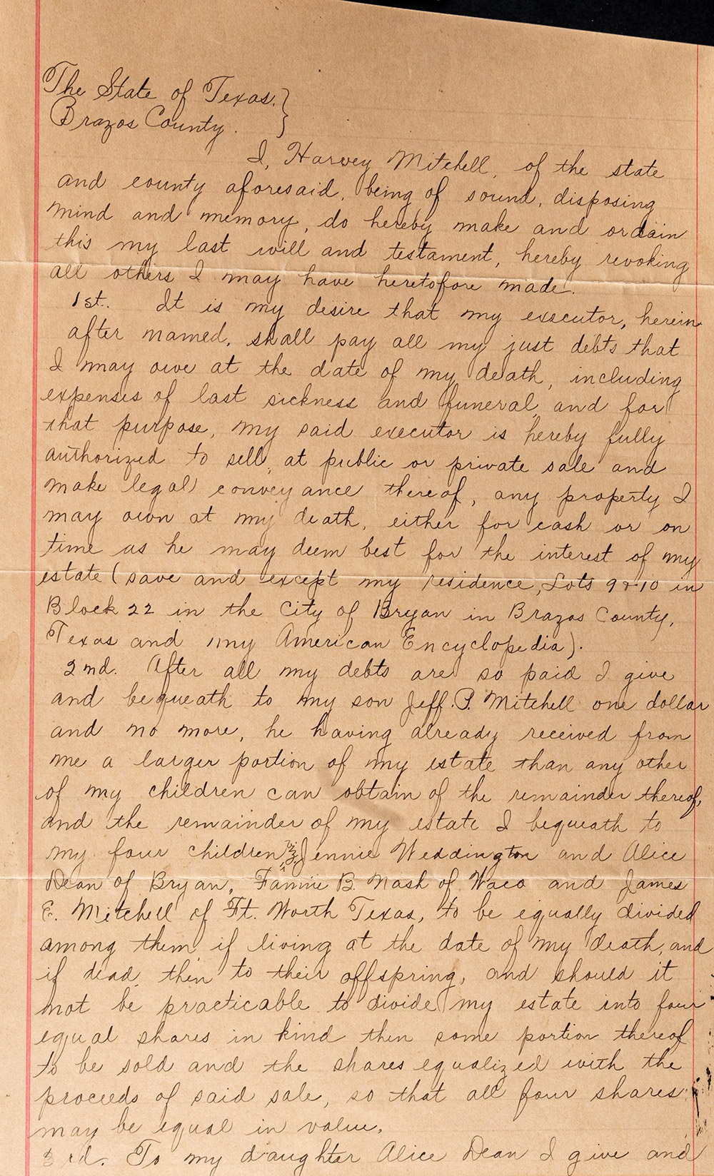 Harvey Mitchell's Last Will and Testament - July 6, 1899. - page 1
