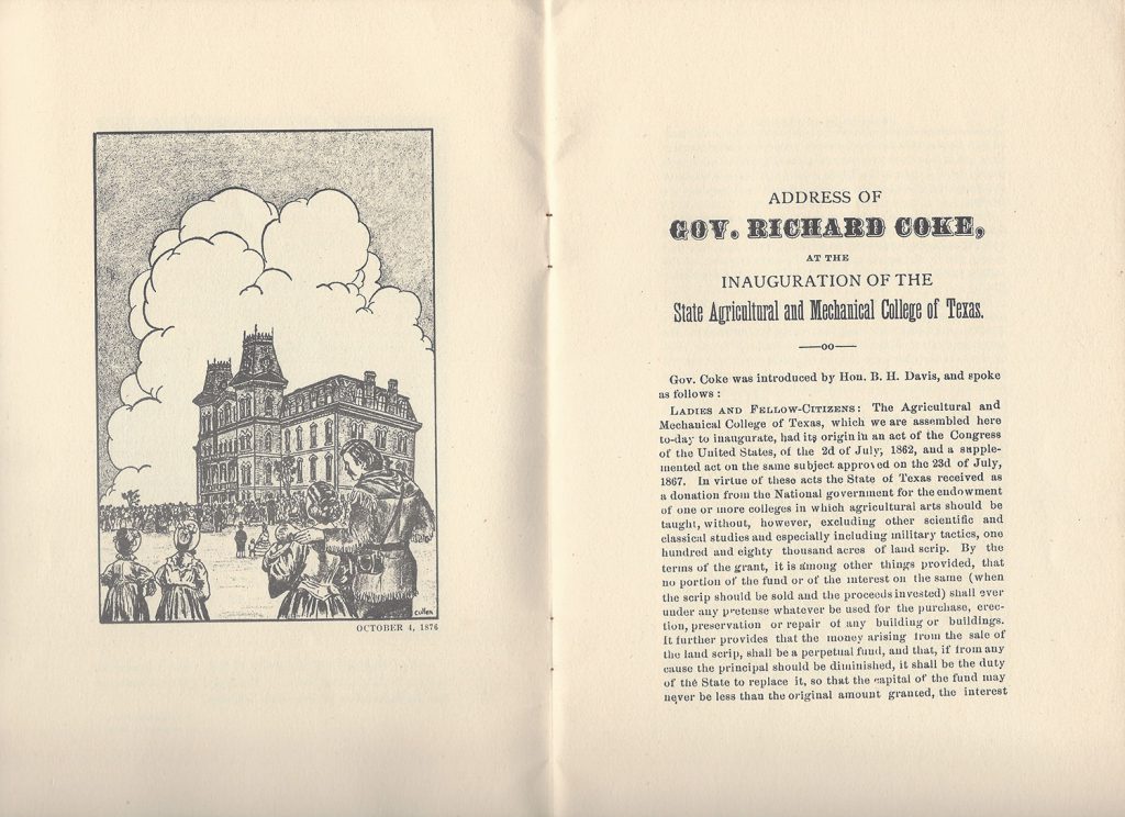 1951 Historical Reprint of the program from the Oct. 4, 1876 Inauguration of the State Agricultural and Mechanical College of Texas.