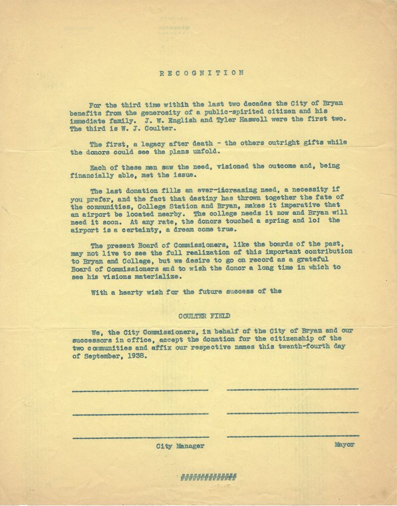 Acceptance document of the donation of  land to the City of Bryan for the establishment of Coulter Airfield, dated Sept. 24, 1938.