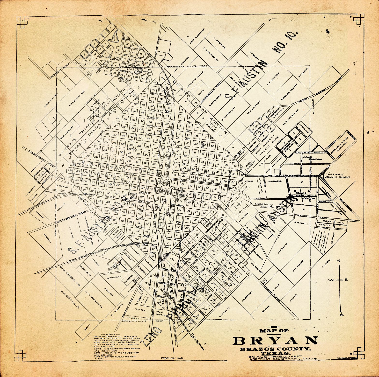 City of Bryan map illustration from 1915. Digital image from City Development services department that has been stylized.