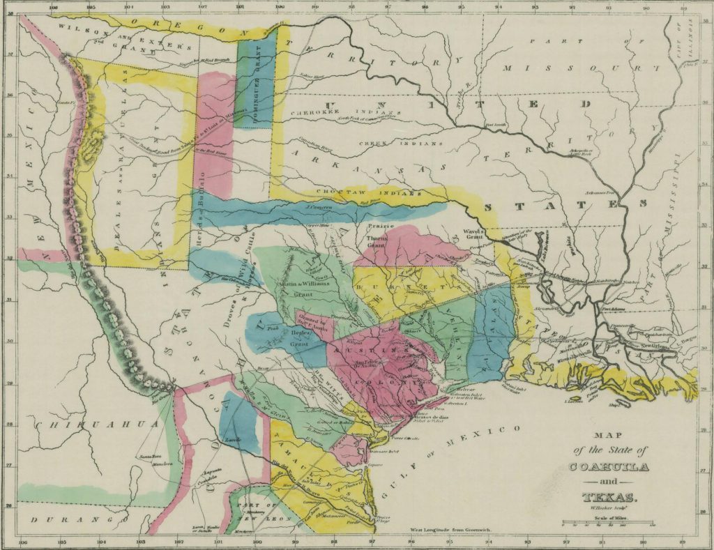 Map of Coahuila and Texas from 1883 showing Austin's Colony in relation to other land grant settlements.