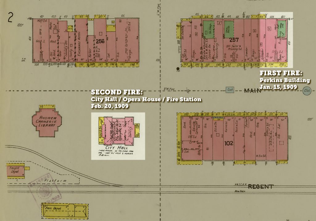 1906 Sanborn Fire Insurance Map of Downtown Bryan with location of the 2 1909 fires highlighted.