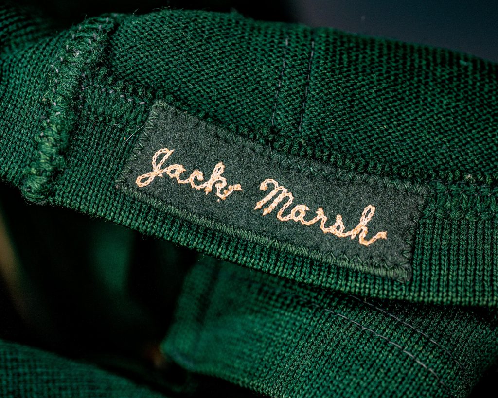 Letter sweater with name Jack Marsh. This photo shows his name stitched into the sweater.
