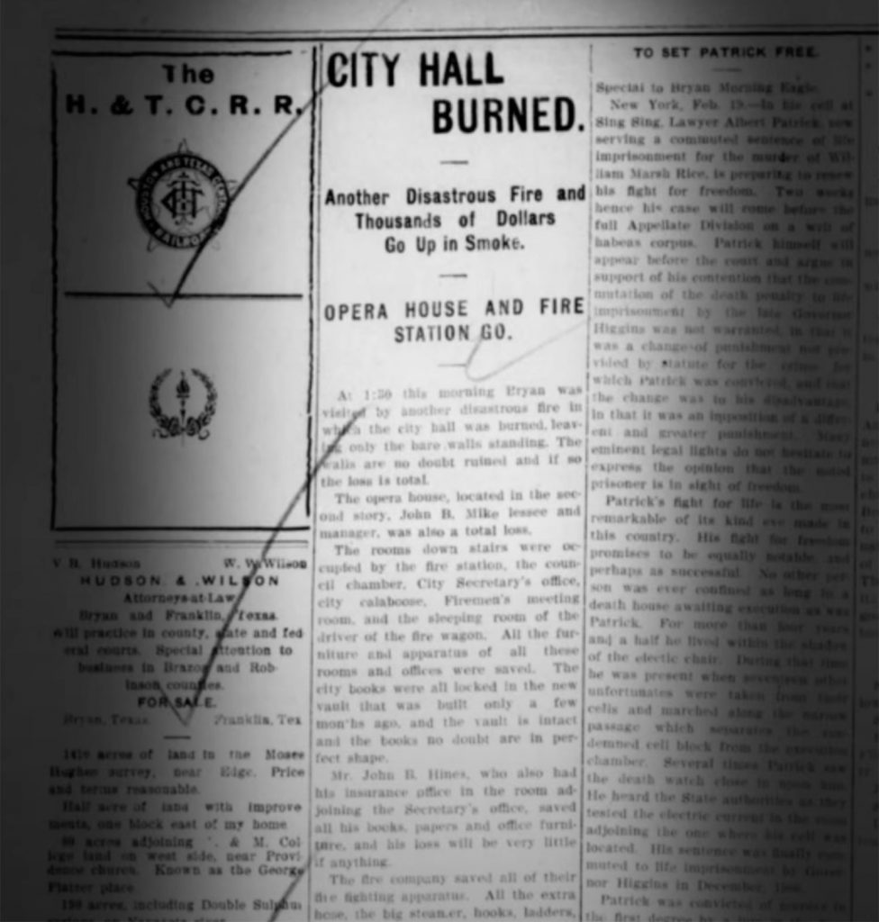 Eagle article - city hall burns - Feb. 20, 1909