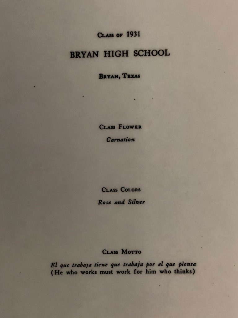 This information, likely from a program of the 1931 graduation ceremony, lists the class flower, class colors and class motto of the Kemp class of 1931. Despite the official name of the segregated high school for African Americans being E. A. Kemp Junior-Senior High School, the program still refers to it as Bryan High School.
