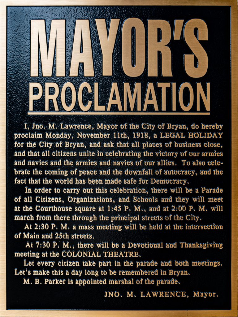 Plaque of the mayor's proclamation from Nov. 11, 1918 as a holiday.