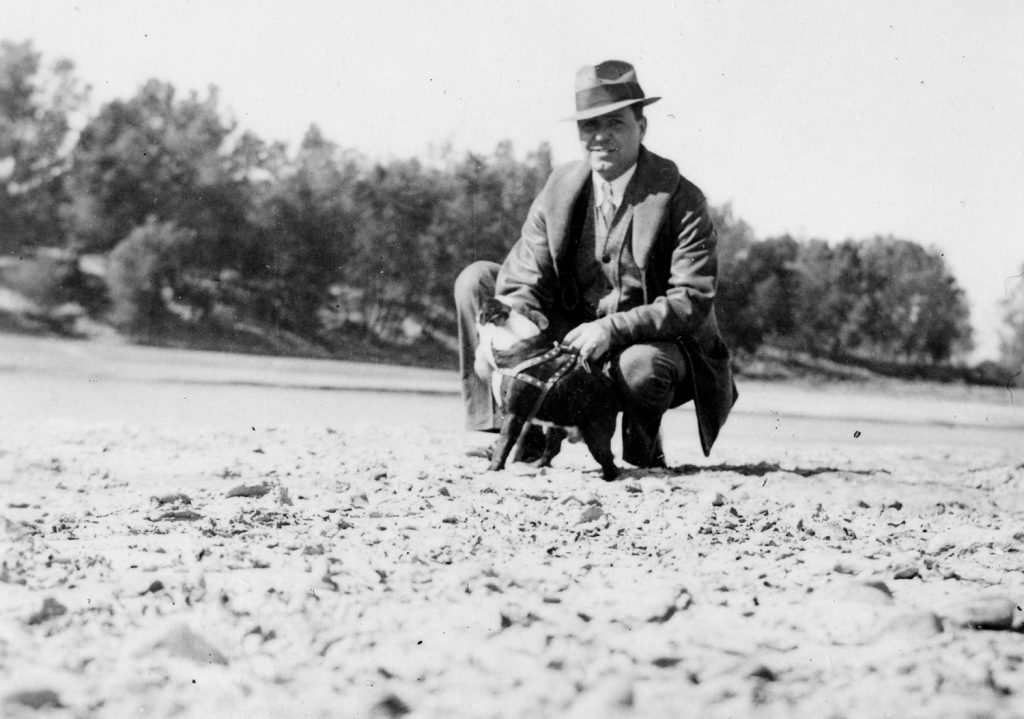 Brazos River runs dry in 1937. Picture of a man in the riverbed.