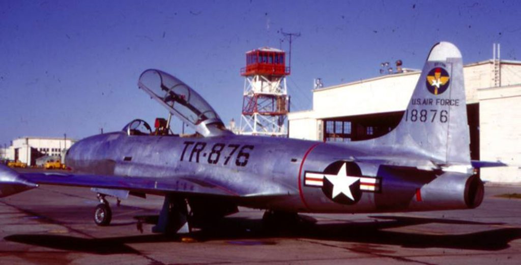 An Air Force jet at Bryan Air Force Base in the 1950s.