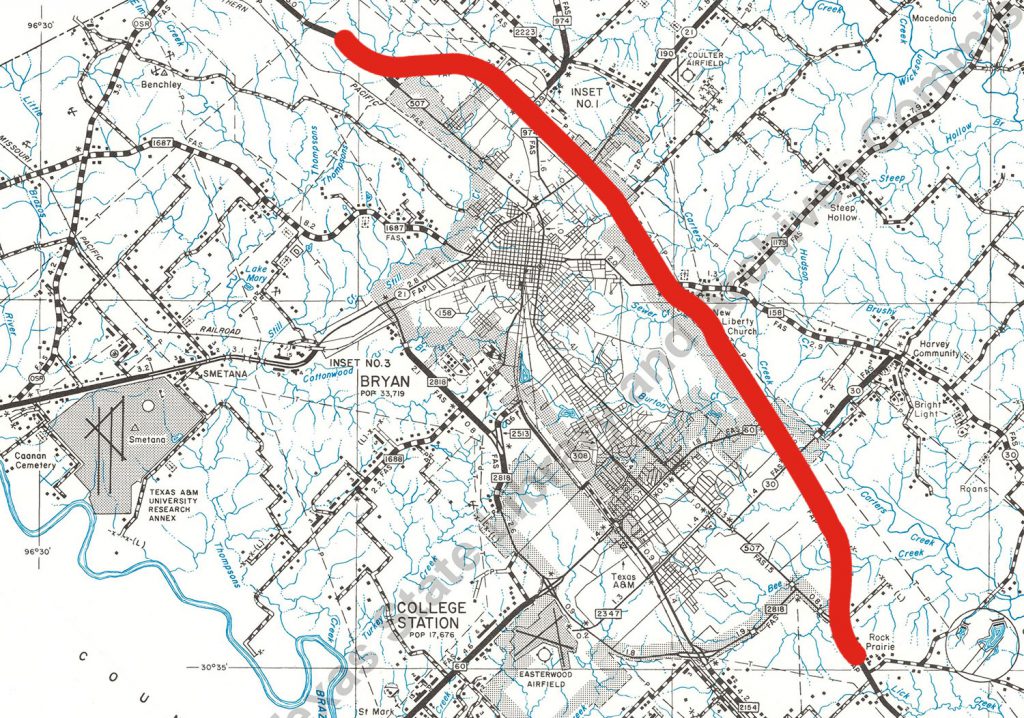 road map of Bryan in 1972, highlighted to show the highway 6 bypass.