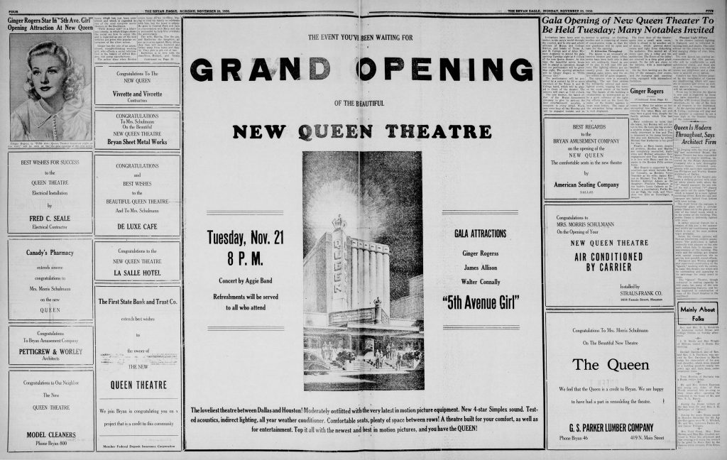 pages 4 and 5 of the Nov. 20, 1939 edition of the Bryan Daily Eagle -- all of the content is about the grand opening of the new Queen Theatre.