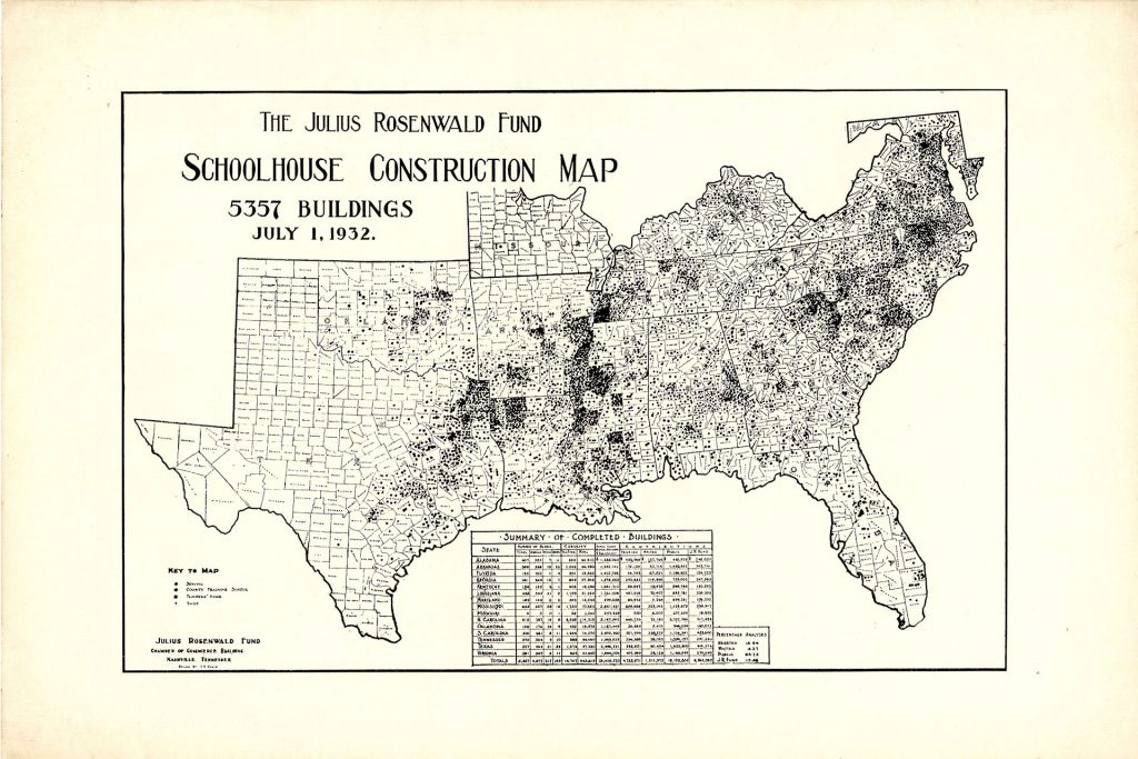 Julius Rosenwald Fund Schoolhouse Construction map - 5357 buildings as of July 1, 1932 (Credit: Fisk University, John Hope and Aurelia E. Franklin Library, Special Collections, Julius Rosenwald Fund Archives)